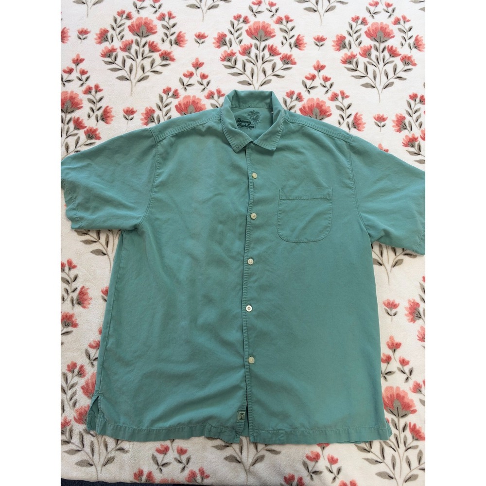 Tommy Bahama Mens Silk Short Sleeve Button Down Shirt Teal Green M 164-T312827